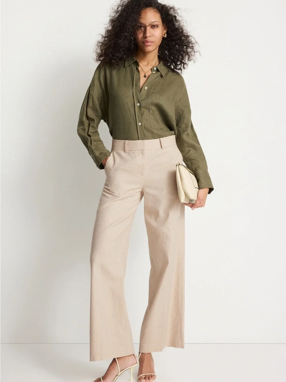 Wide-Leg High-Rise Trousers in Light Beige - Picture 1 of 9